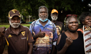 Dennis Tipakalippa and other Tiwi Islanders protesting Santos' Barossa gas project